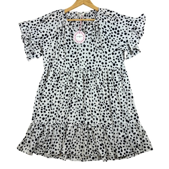 Umgee Dresses & Skirts - Umgee USA Mini Dress White‎ Black Spotted NWT Print Ruffle Sleeve Tiered BOHO S